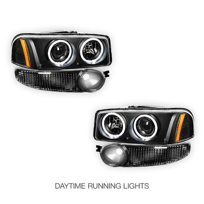 GMC Sierra 1500 Denali (2002 - 2006) Black Dual Halo Projector Headlights LH + RH