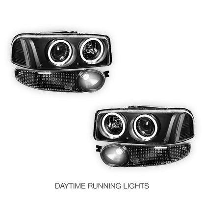 GMC Sierra 1500 Denali (2002 - 2006) Black Dual Halo Projector Headlights LH + RH