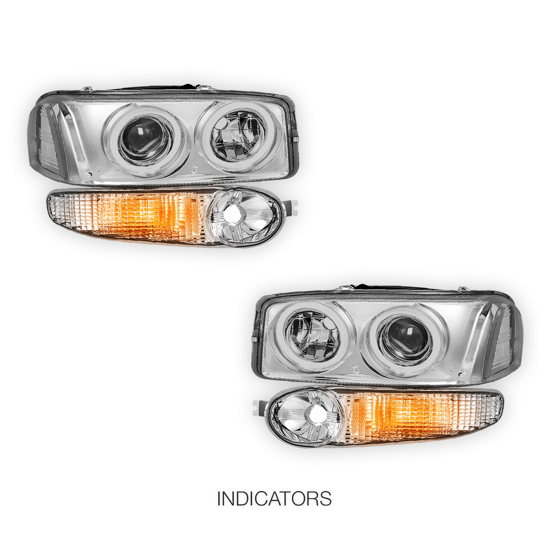 GMC Sierra 1500 Denali (2002 - 2006) Black Dual Halo Projector Headlights LH + RH